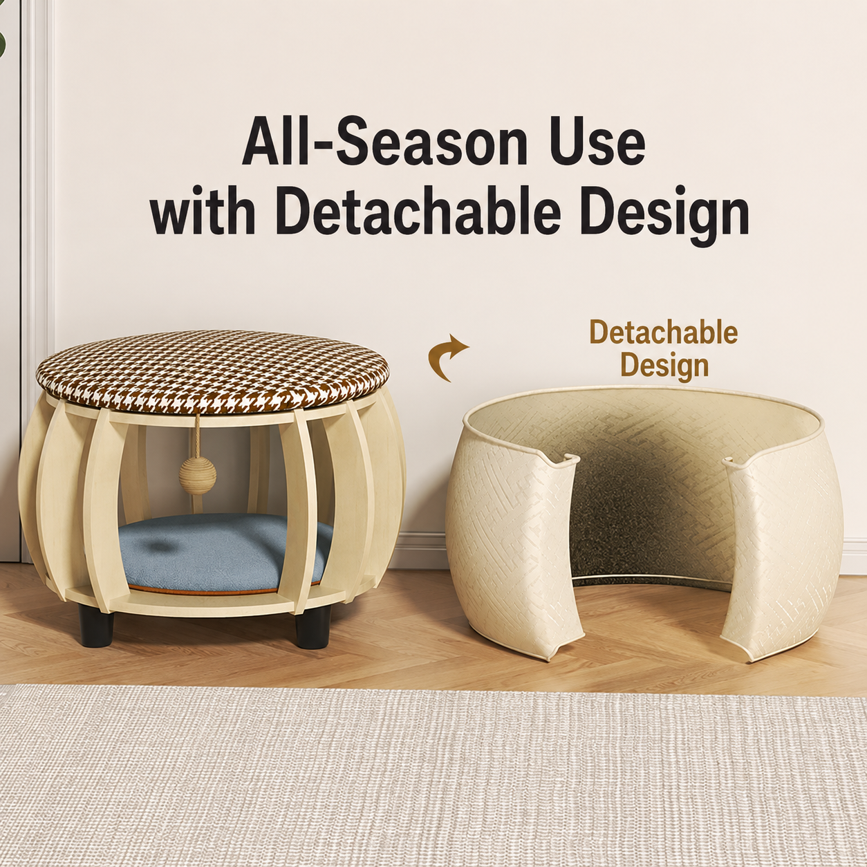 Solid Wood All-Season Cat House Stool – Detachable, Breathable & Washable