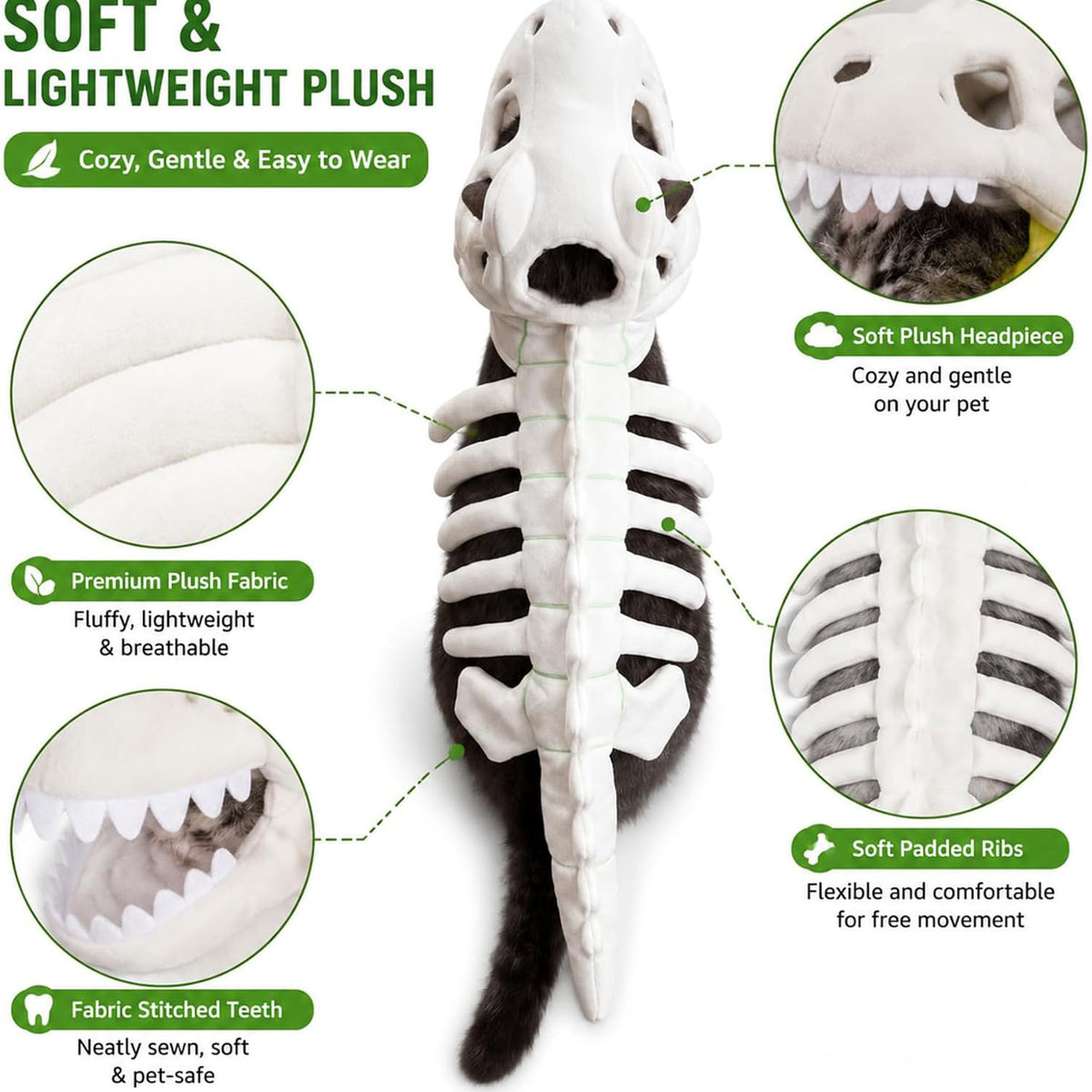Plush Dinosaur Skeleton Pet Costume – Halloween T-Rex Outfit for Cats & Dogs