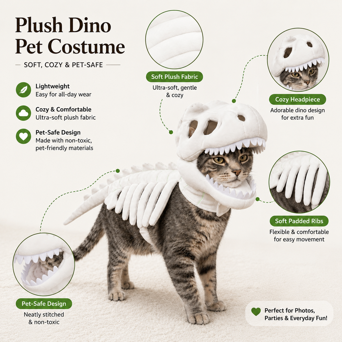 Plush Dinosaur Skeleton Pet Costume – Halloween T-Rex Outfit for Cats & Dogs