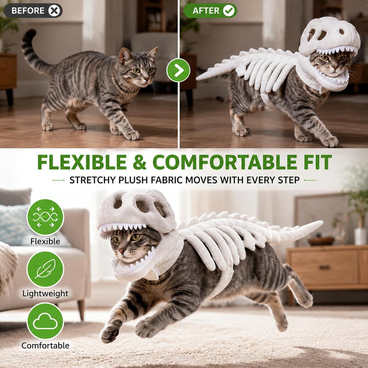 Plush Dinosaur Skeleton Pet Costume – Halloween T-Rex Outfit for Cats & Dogs