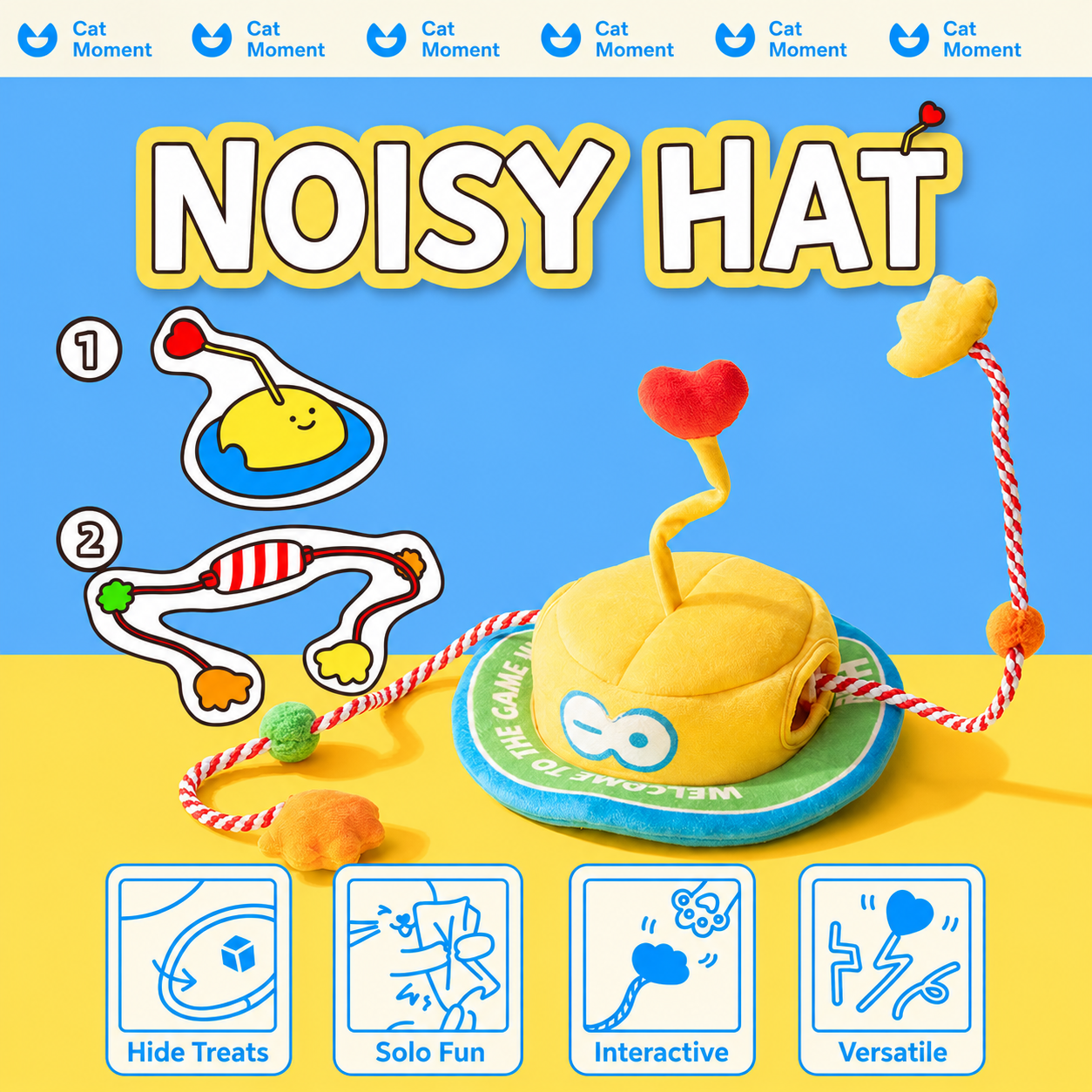 Monster Hat Cat Treat Puzzle, Snuffle & Crinkle Teaser Toy
