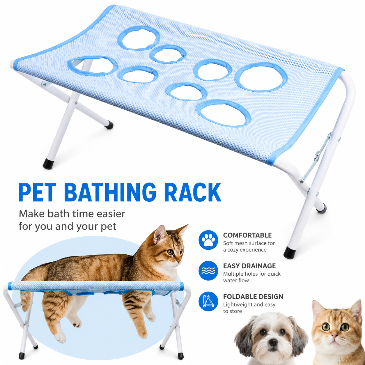 Pet Bathing & Grooming Hammock Stand for Small Dogs & Cats
