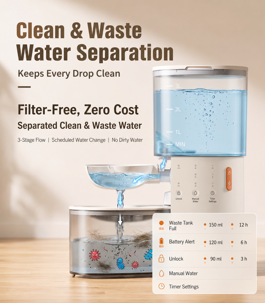 Quiet Automatic Pet Water Fountain with Clean & Waste Water Separation