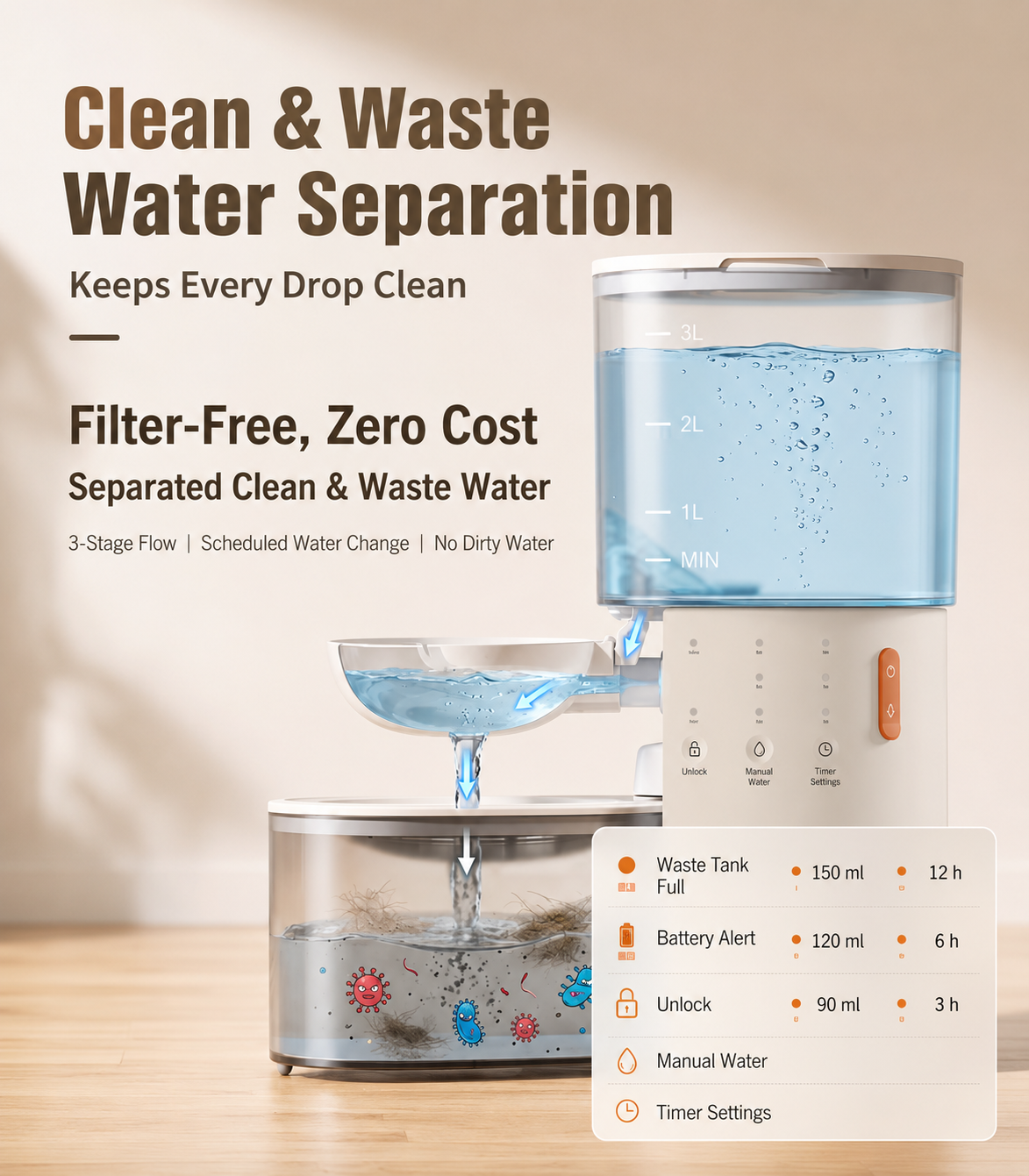 Quiet Automatic Pet Water Fountain with Clean & Waste Water Separation