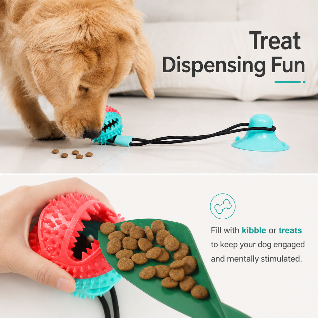 Suction Cup Tug & Chew Dog Toy with Sound – Interactive Treat-Dispensing Dental Ball