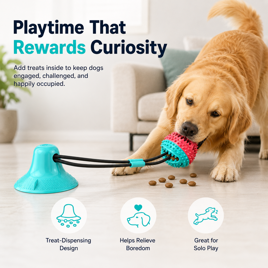 Suction Cup Tug & Chew Dog Toy with Sound – Interactive Treat-Dispensing Dental Ball