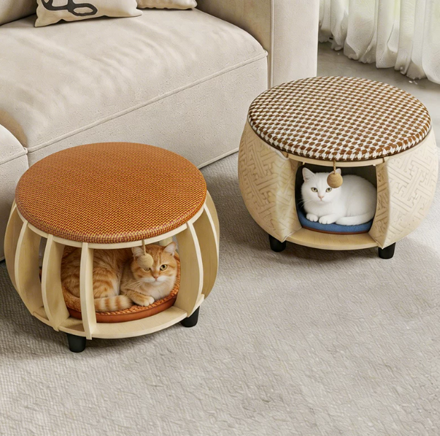 Solid Wood All-Season Cat House Stool – Detachable, Breathable & Washable