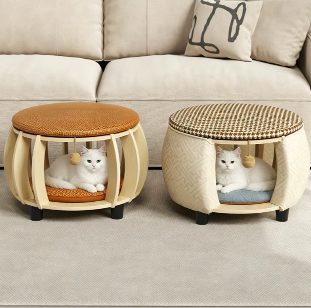 Solid Wood All-Season Cat House Stool – Detachable, Breathable & Washable
