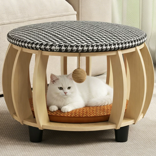Solid Wood All-Season Cat House Stool – Detachable, Breathable & Washable