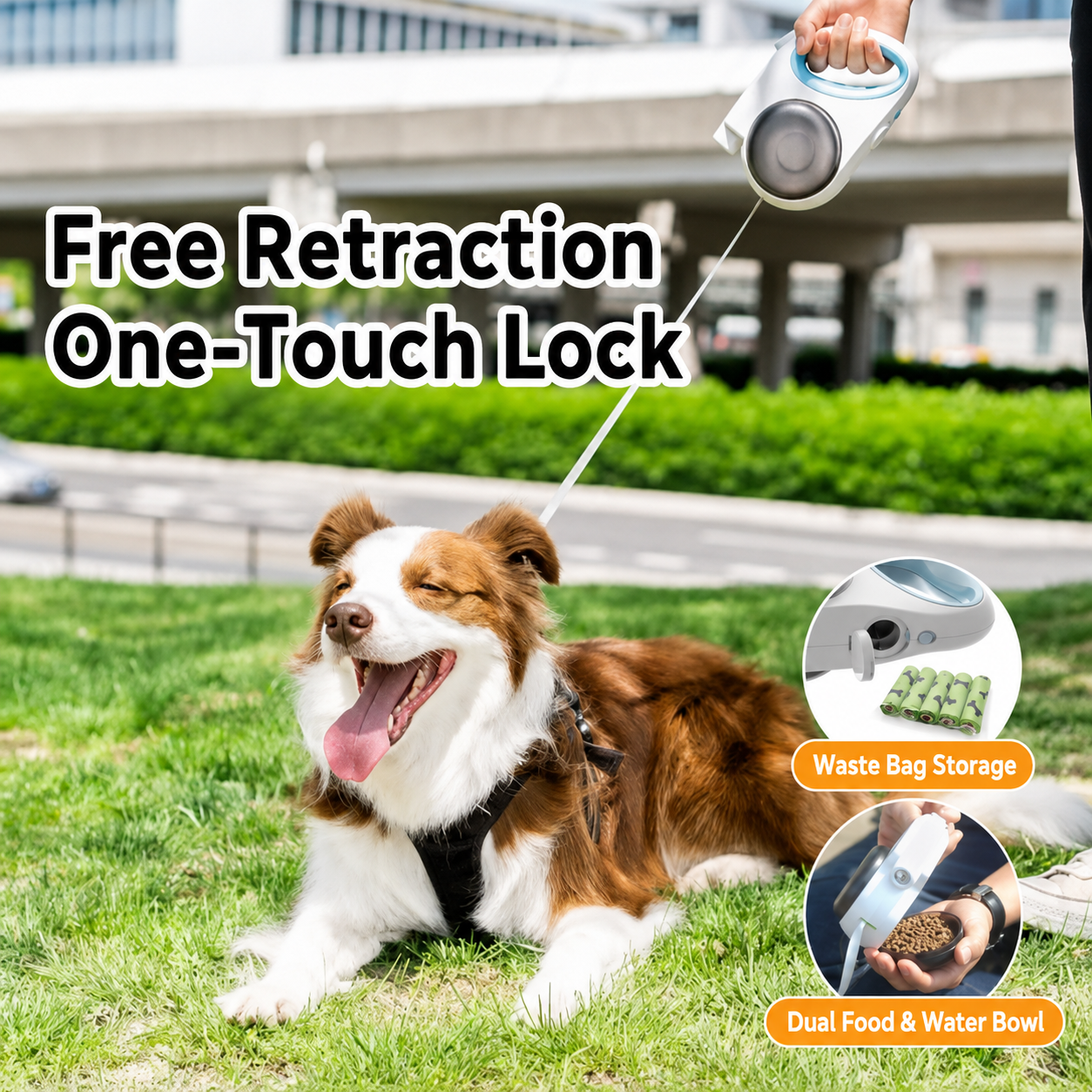 Multifunctional Retractable Nylon Dog Leash with LED Light Anti-Pull Control Food Bowls and Waste Bag Holder