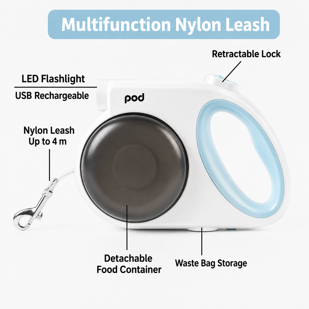 Multifunctional Retractable Nylon Dog Leash with LED Light Anti-Pull Control Food Bowls and Waste Bag Holder