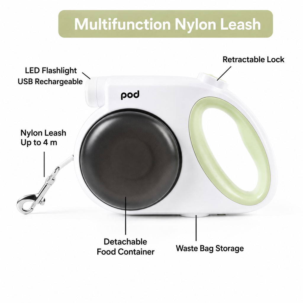 Multifunctional Retractable Nylon Dog Leash with LED Light Anti-Pull Control Food Bowls and Waste Bag Holder