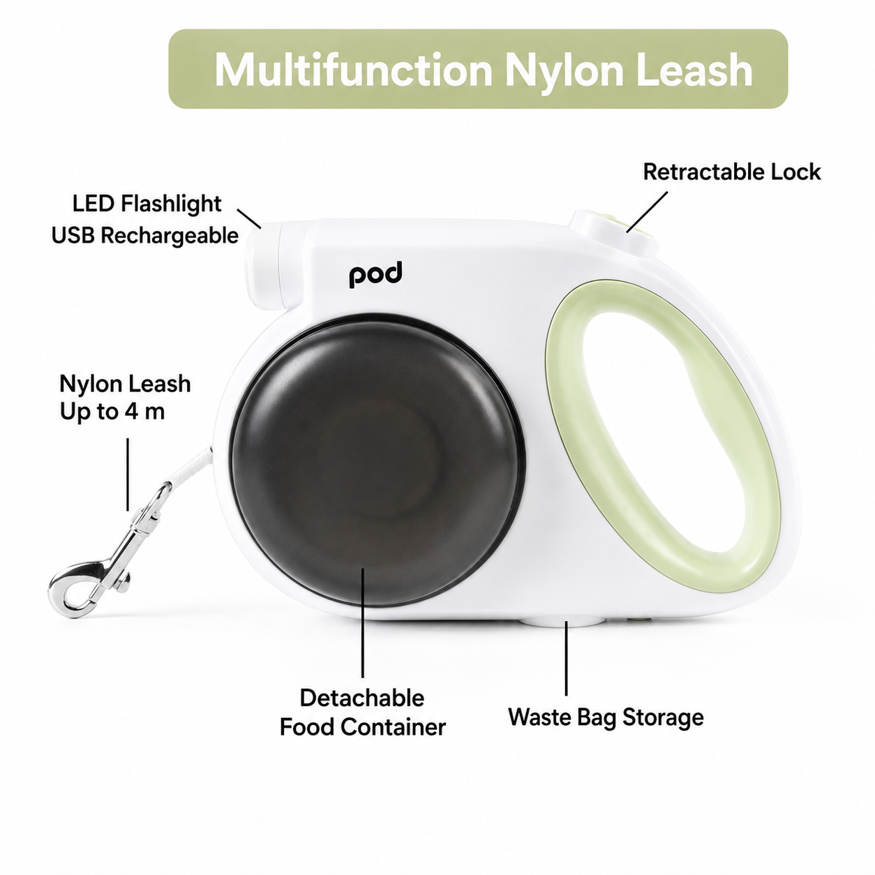 Multifunctional Retractable Nylon Dog Leash with LED Light Anti-Pull Control Food Bowls and Waste Bag Holder