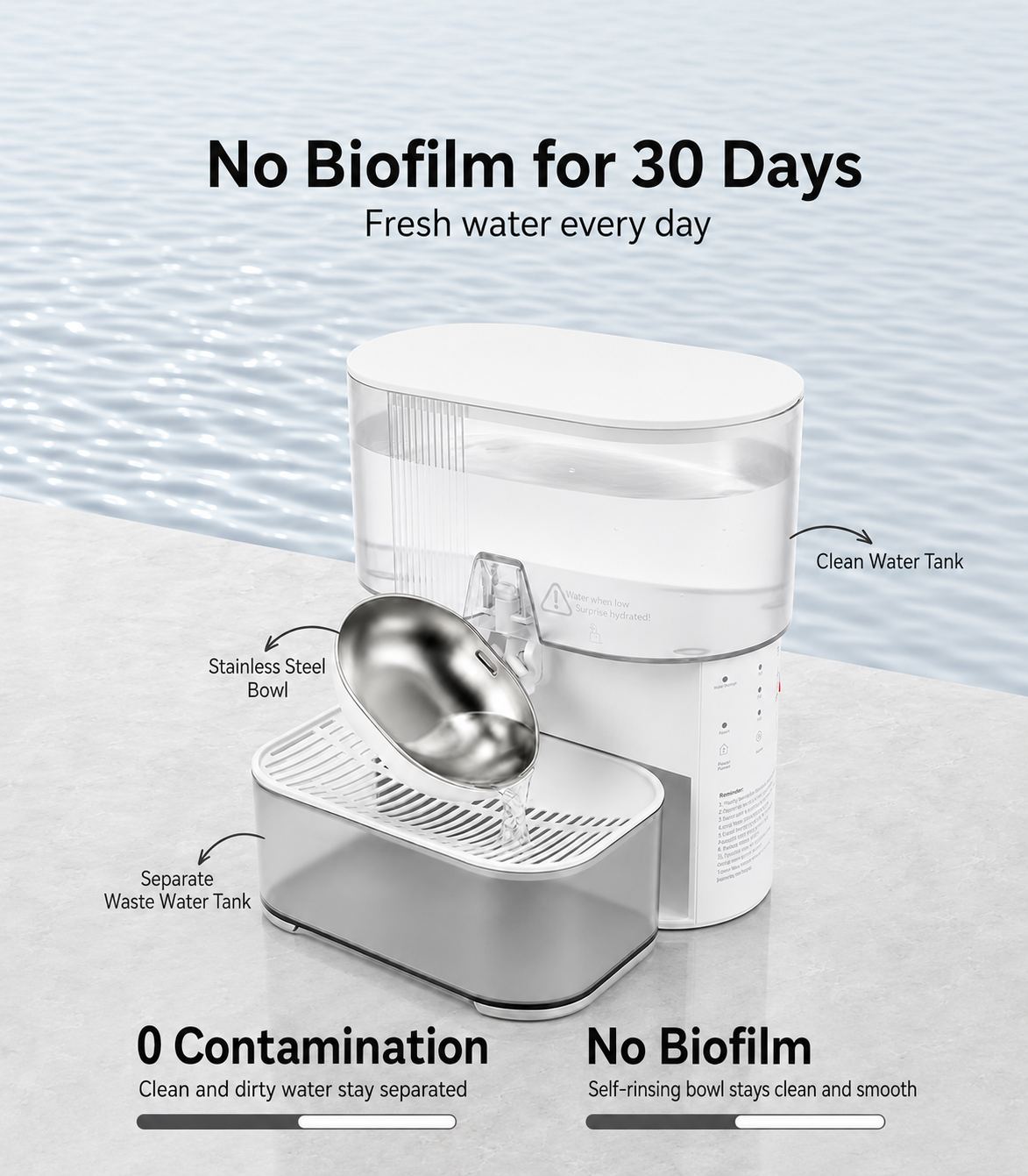 Quiet Automatic Pet Water Fountain with Clean & Waste Water Separation