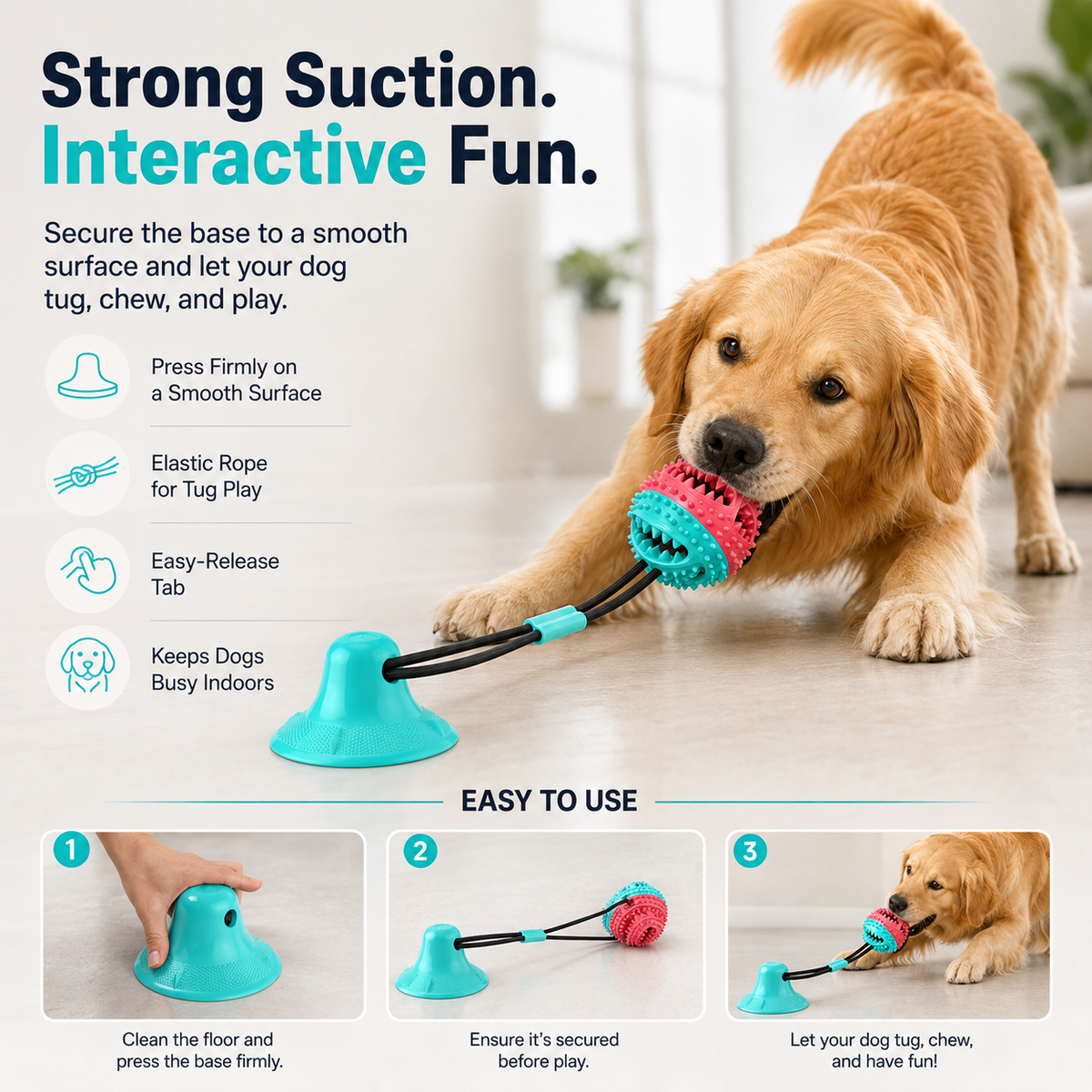 Suction Cup Tug & Chew Dog Toy with Sound – Interactive Treat-Dispensing Dental Ball