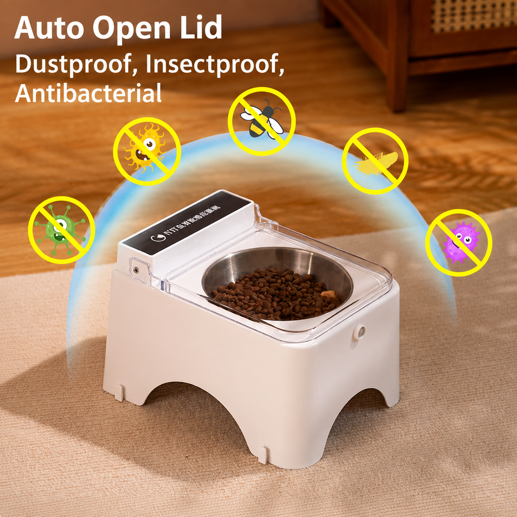 Smart Sensor-Lid Pet Feeder Bowl – Dustproof, Insect-Resistant & Neck-Friendly