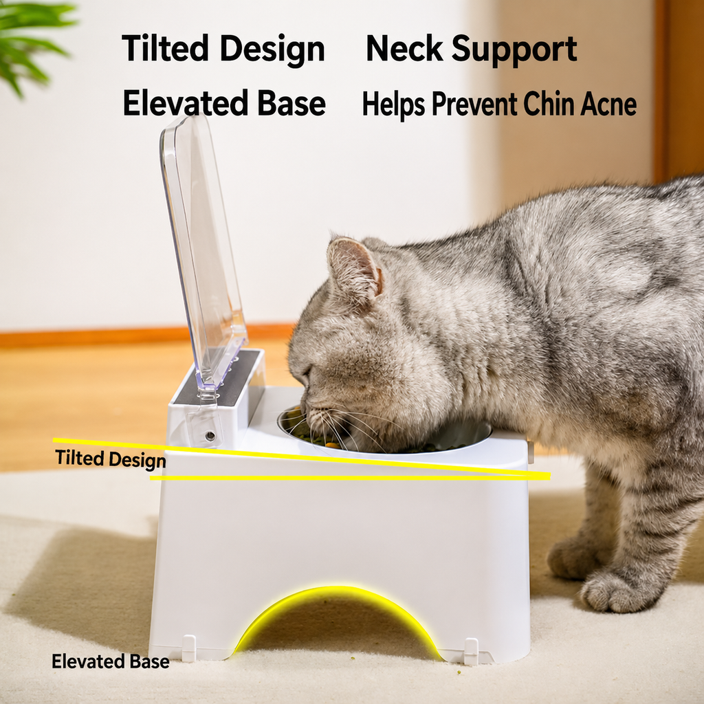 Smart Sensor-Lid Pet Feeder Bowl – Dustproof, Insect-Resistant & Neck-Friendly