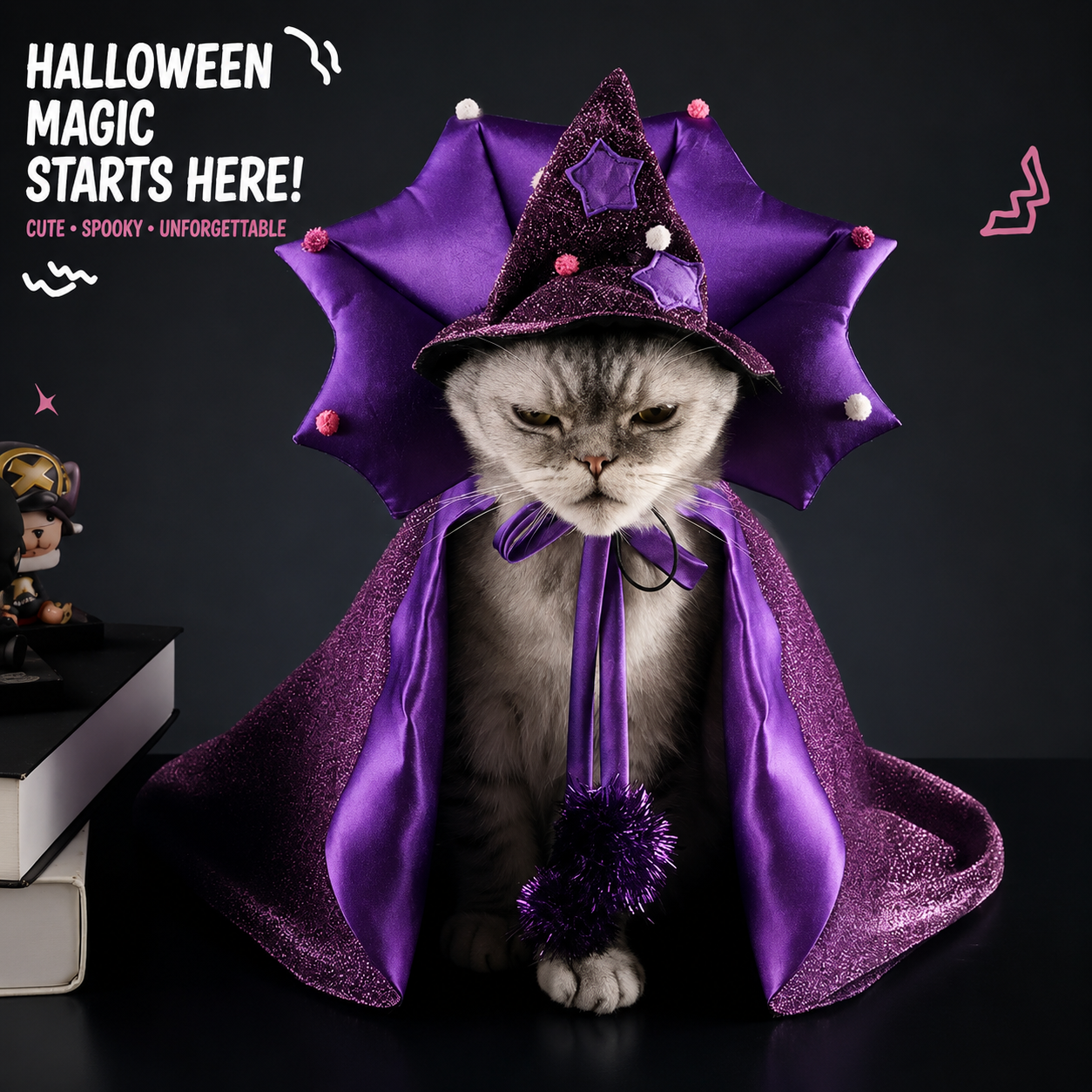 Purple Witch Hat & Cape Pet Costume – Halloween Wizard Outfit for Cats & Dogs