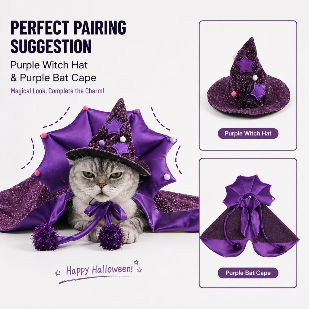 Purple Witch Hat & Cape Pet Costume – Halloween Wizard Outfit for Cats & Dogs