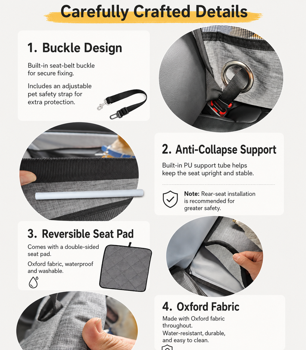 Portable Dog Car Booster Seat & Travel Bed for Small Dogs