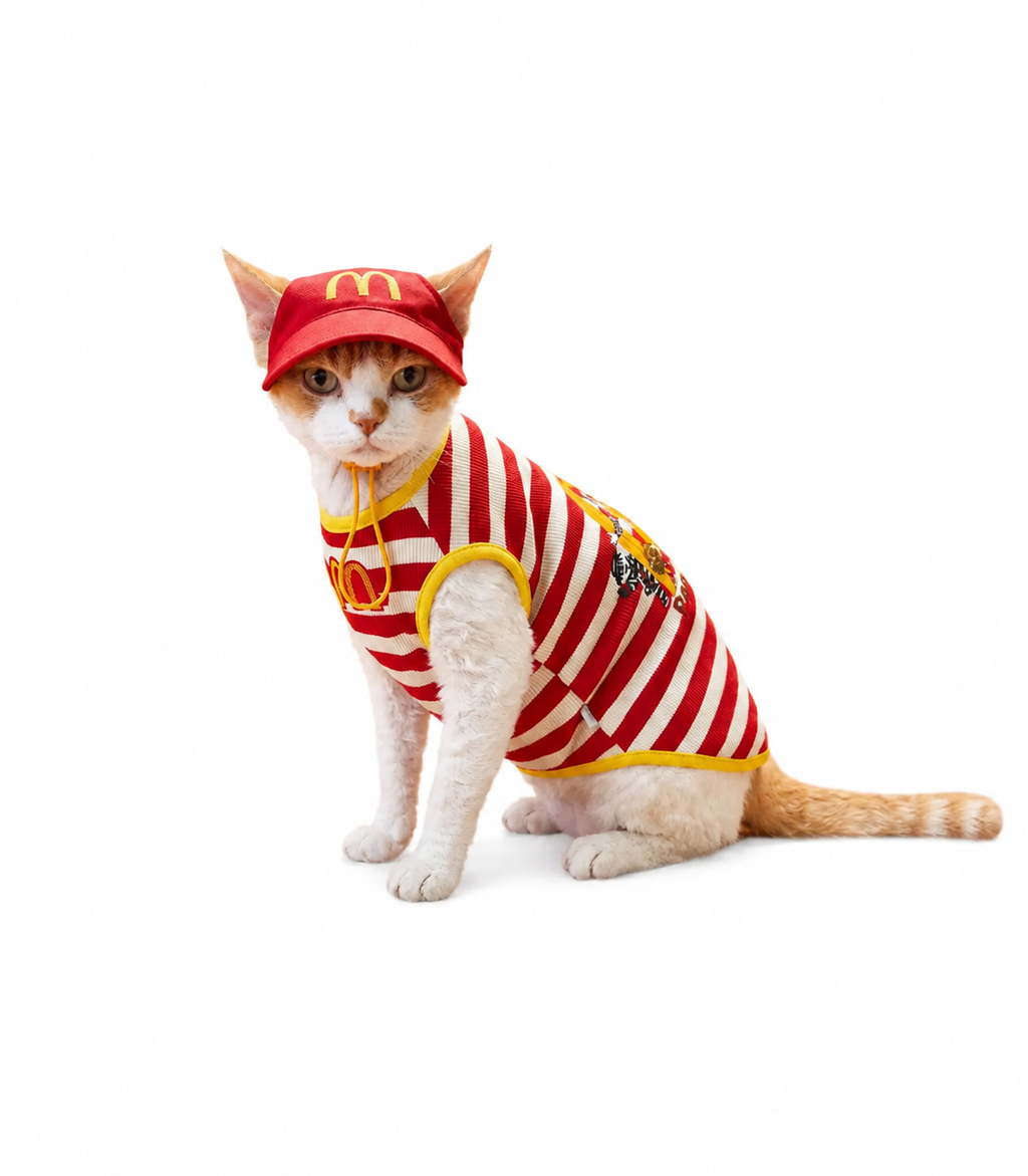 Funny Fast Food Cat Costume Set with Hat – Striped Pet Workwear Outfit