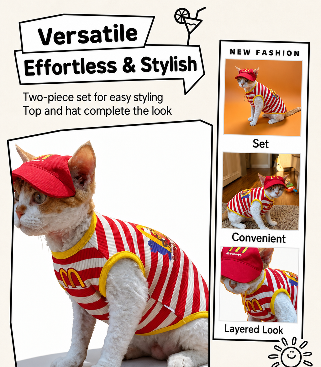 Funny Fast Food Cat Costume Set with Hat – Striped Pet Workwear Outfit
