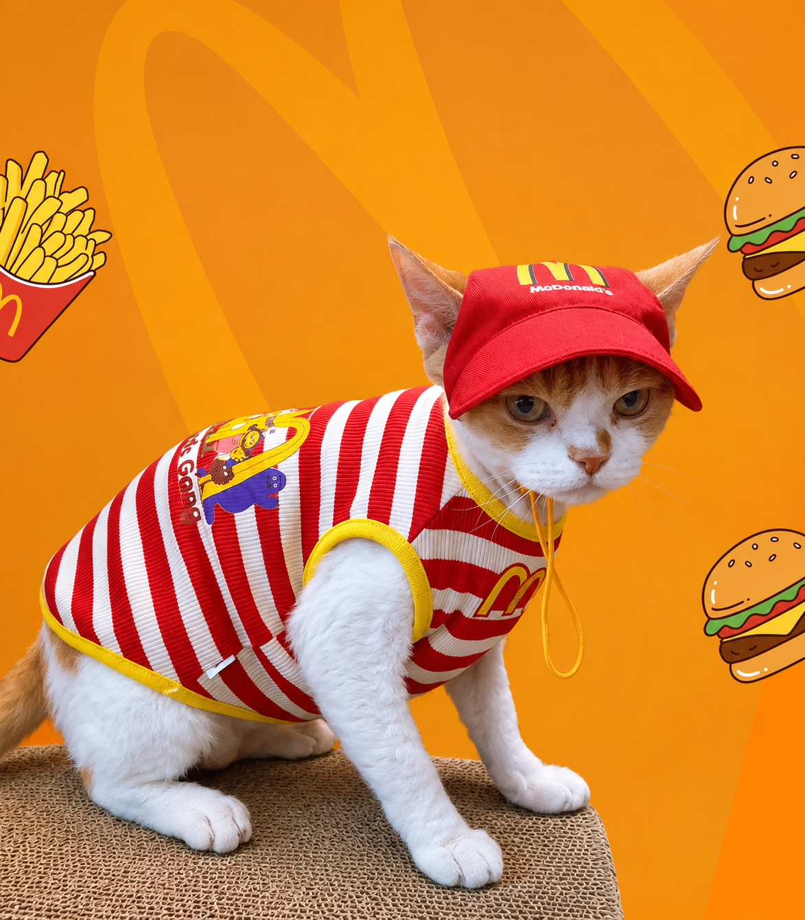 Funny Fast Food Cat Costume Set with Hat – Striped Pet Workwear Outfit