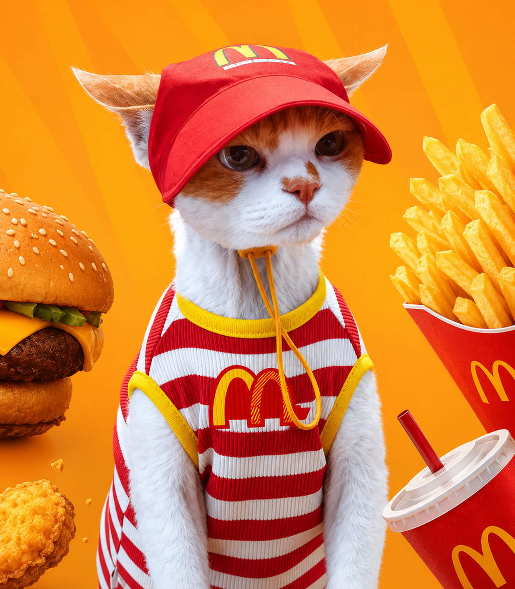 Funny Fast Food Cat Costume Set with Hat – Striped Pet Workwear Outfit