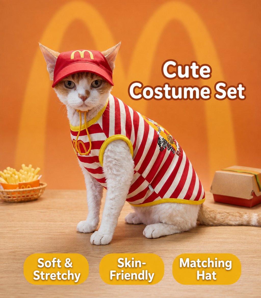 Funny Fast Food Cat Costume Set with Hat – Striped Pet Workwear Outfit