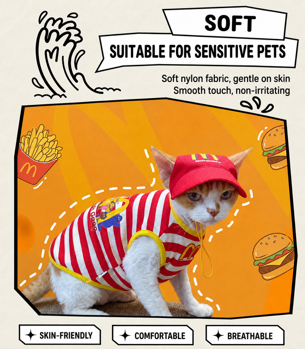 Funny Fast Food Cat Costume Set with Hat – Striped Pet Workwear Outfit