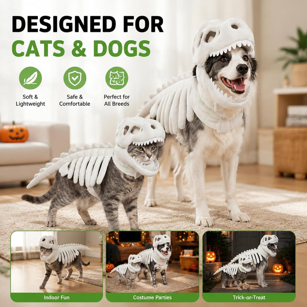 Plush Dinosaur Skeleton Pet Costume – Halloween T-Rex Outfit for Cats & Dogs