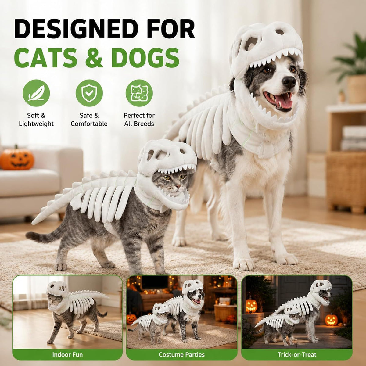 Plush Dinosaur Skeleton Pet Costume – Halloween T-Rex Outfit for Cats & Dogs