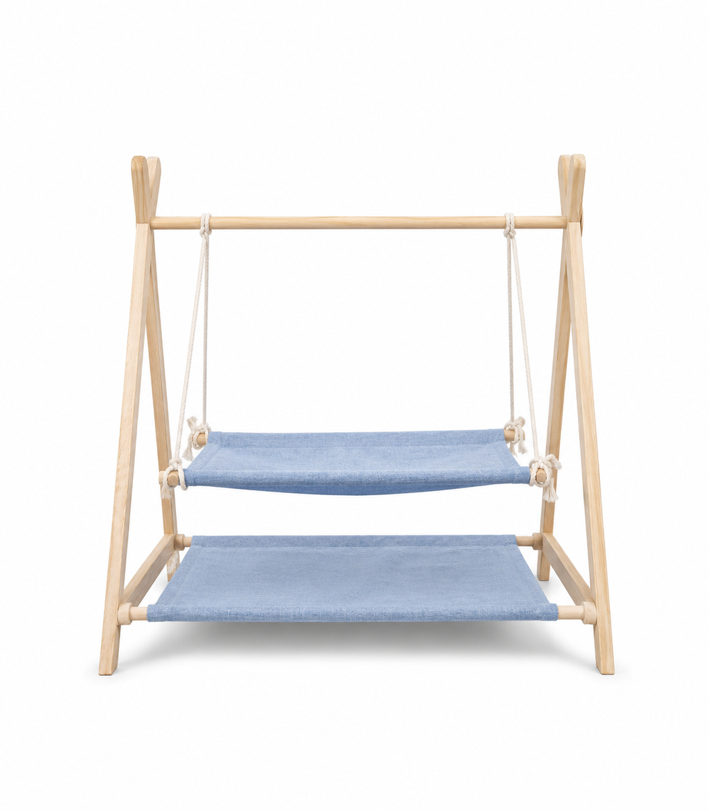 Double-Layer Cat Hammock Swing Bed with Natural Pine Frame
