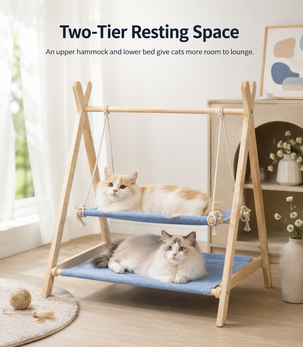 Double-Layer Cat Hammock Swing Bed with Natural Pine Frame