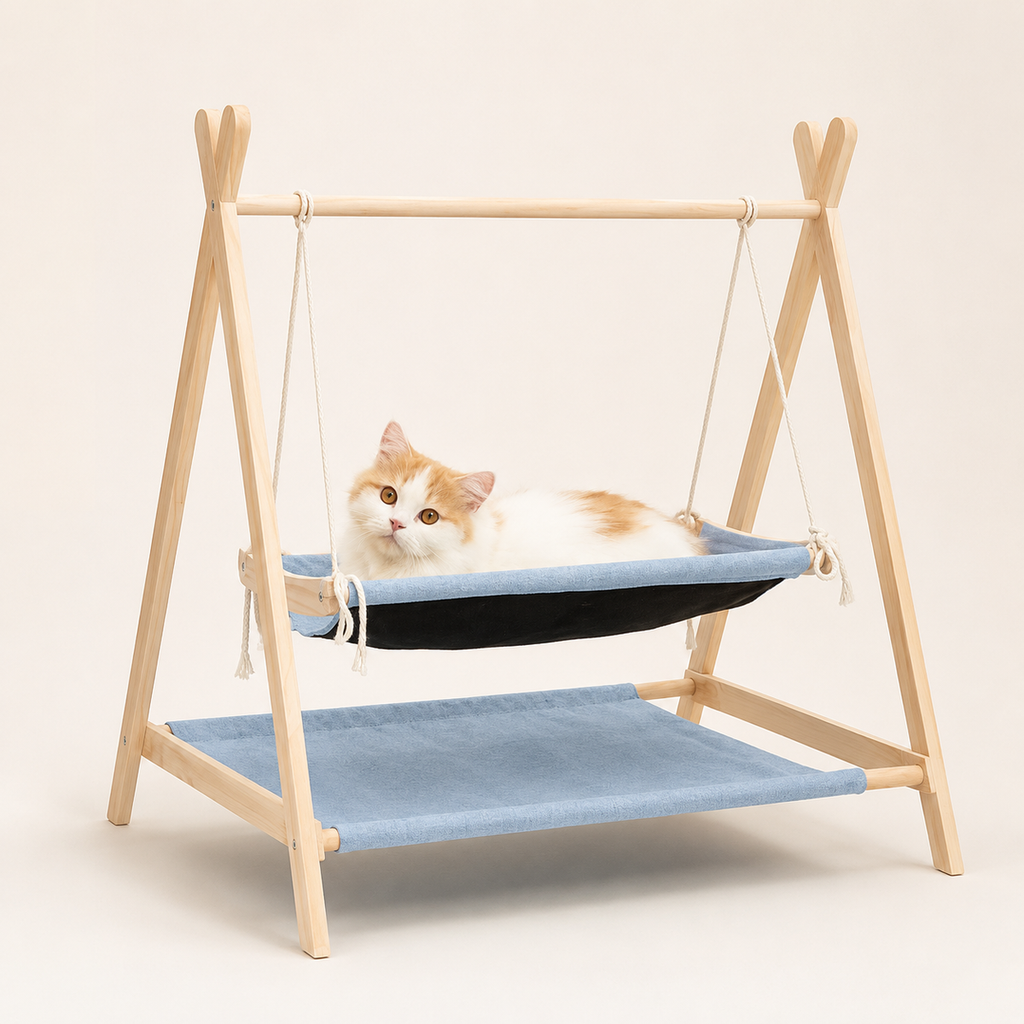 Double-Layer Cat Hammock Swing Bed with Natural Pine Frame