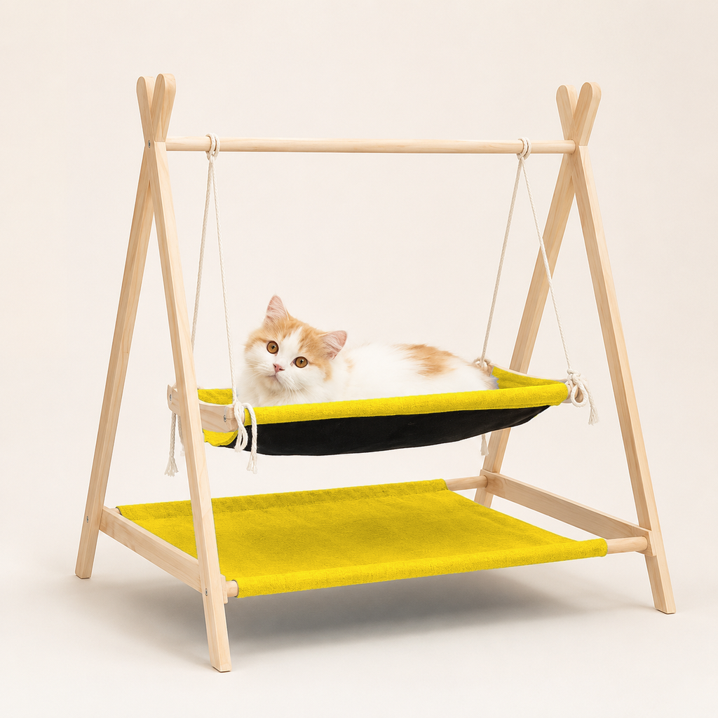 Double-Layer Cat Hammock Swing Bed with Natural Pine Frame