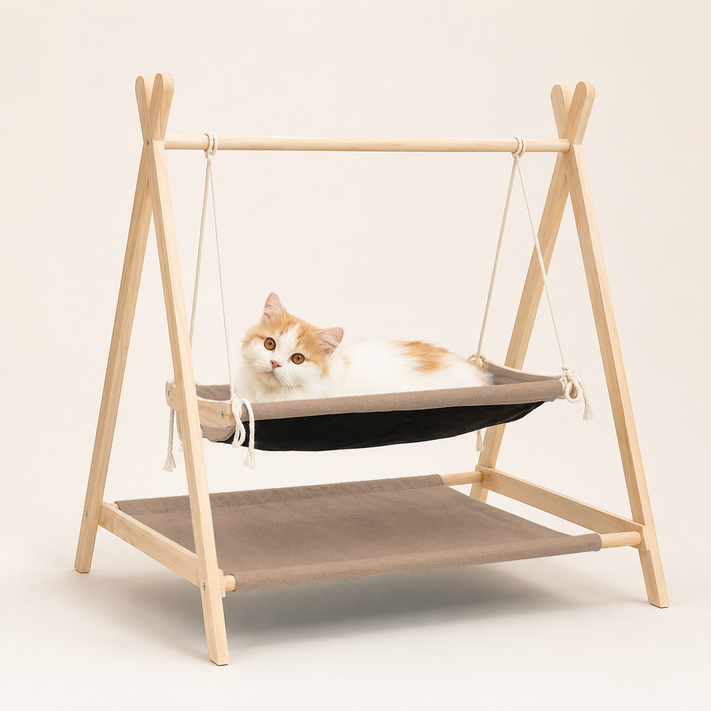 Double-Layer Cat Hammock Swing Bed with Natural Pine Frame